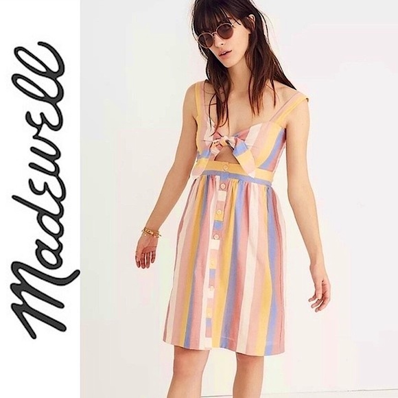 Madewell Dresses & Skirts - Madewell Tie Front Boho Cutout Button Front Summer Sun Dress Sherbet Stripe 00